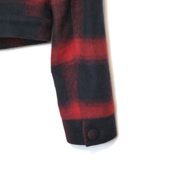 Bebe Plaid Buffalo Check Print Moto Jacket Red Navy Blue Short Crop Size 6 - Picture 11 of 16